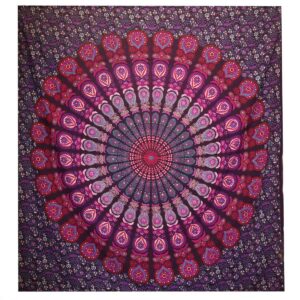 Double Cotton Bedspread + Wall Hanging - Peacock Mandala - Purple