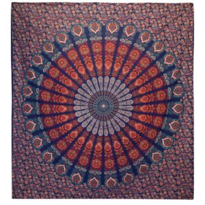 Double Cotton Bedspread + Wall Hanging - Peacock Mandala - Blue