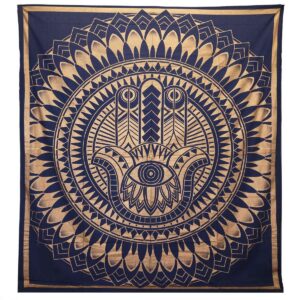 Double Cotton Bedspread + Wall Hanging - Hamsa - Blue Gold