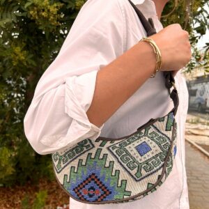 Jacquard Hobo Bag - Geo-Geen (brown strap)
