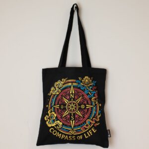 Iconic Classic Tote Bag - Compass of Life - Black 6oz