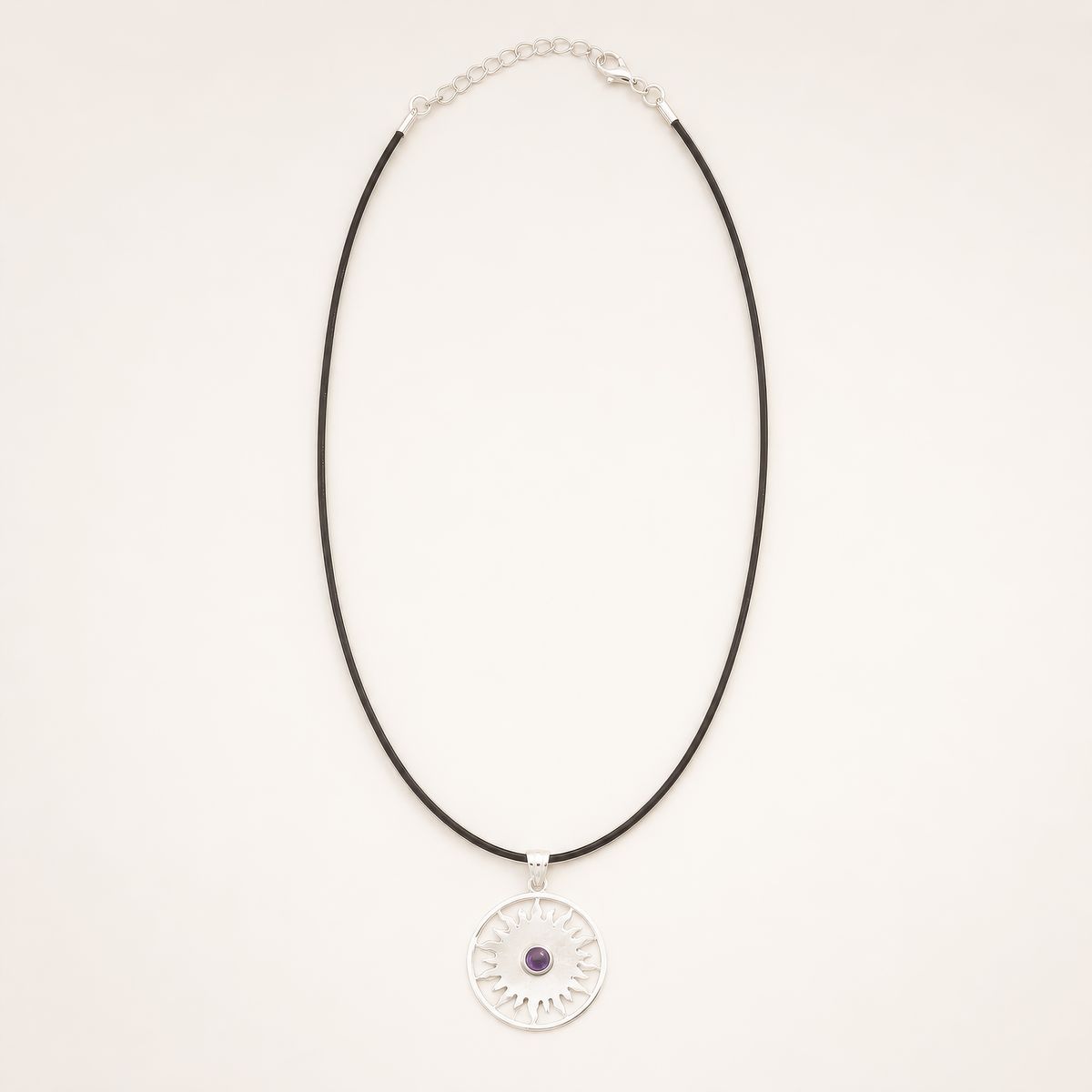 Indian Devotional Pendant - Silver Plated (45cm Cord)- Sun Worship Amethyst
