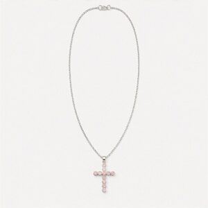 Indian Devotional Pendant - Silver Plated (45cm Chain)- Rose Quartz Crucifix