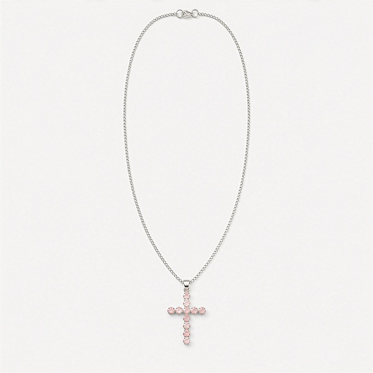 Indian Devotional Pendant - Silver Plated (45cm Chain)- Rose Quartz Crucifix