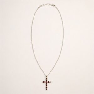 Indian Devotional Pendant - Silver Plated (45cm Chain)- Garnet Crucifix