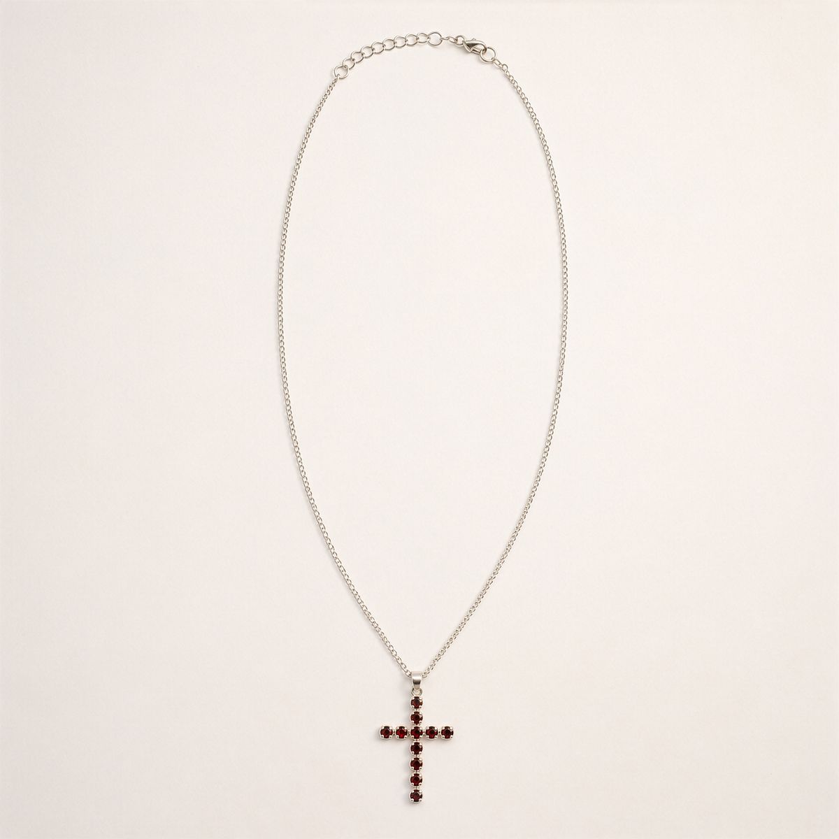 Indian Devotional Pendant - Silver Plated (45cm Chain)- Garnet Crucifix
