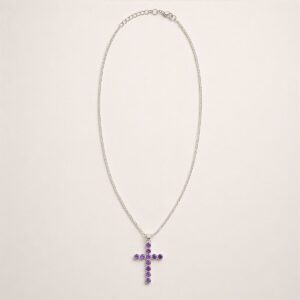 Indian Devotional Pendant - Silver Plated (45cm Chain)- Amethyst Crucifix