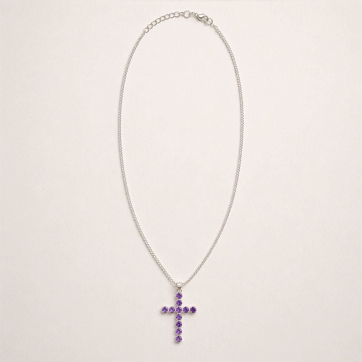 Indian Devotional Pendant - Silver Plated (45cm Chain)- Amethyst Crucifix