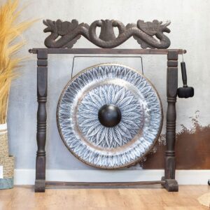 Large Gong in Brown Antique Stand - 80cm - Black - pattern