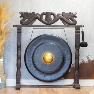 Large Gong in Brown Antique Stand - 80cm - Black