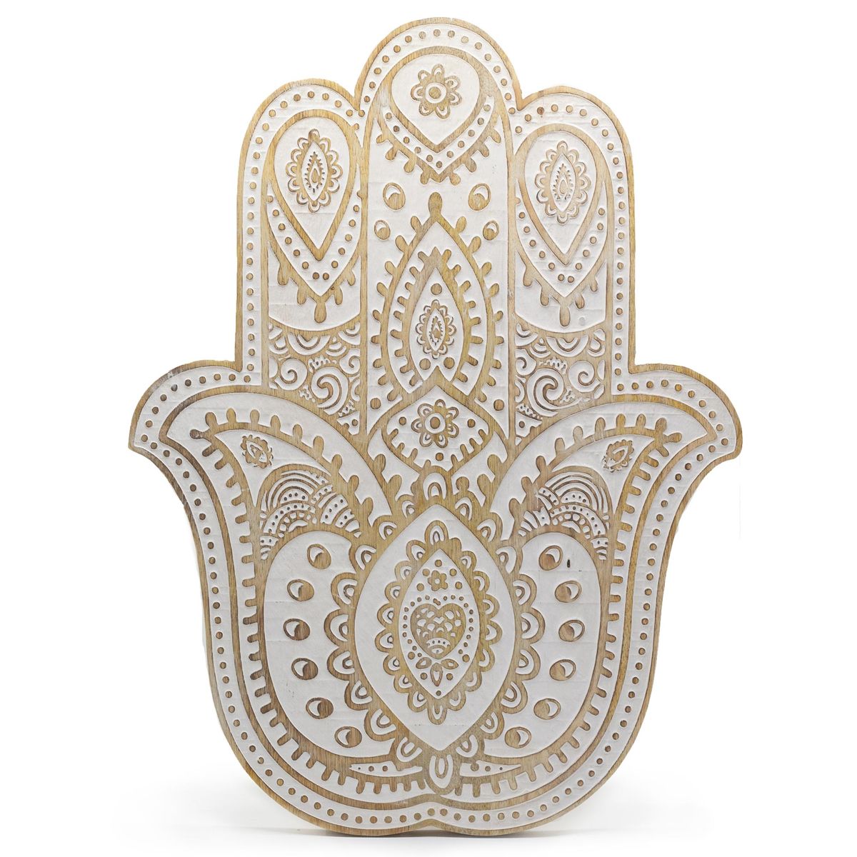Mango Wood Hamsa Wall Plaque - Whitewash