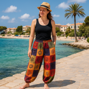 Nomad Sari - Mushroom Pants - Block Print Designs - Orange Tones S/M