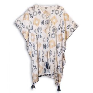 Nomad Sari Kaftan – Blue & Gold Greek Motif Print