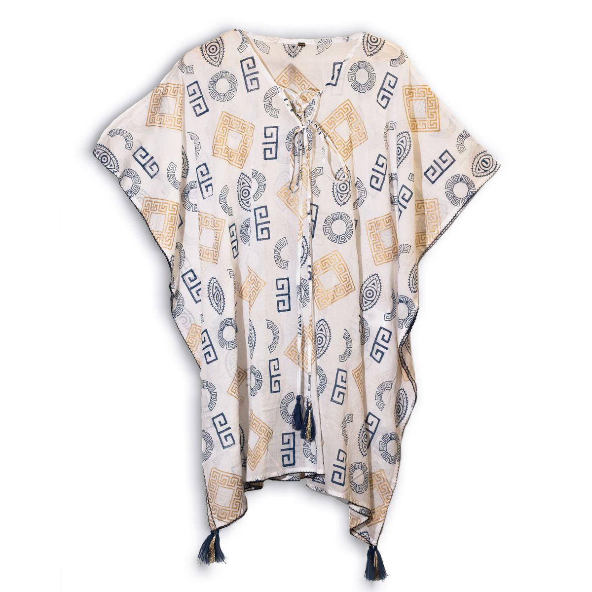 Nomad Sari Kaftan – Blue & Gold Greek Motif Print