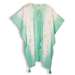 Nomad Sari Kaftan – White & Turquoise with Gold Fish Print