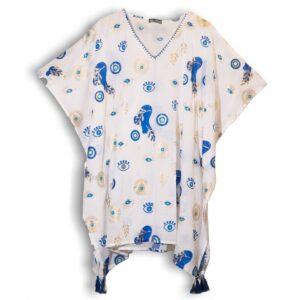 Nomad Sari Kaftan – White with Blue & Gold Evil Eye Print