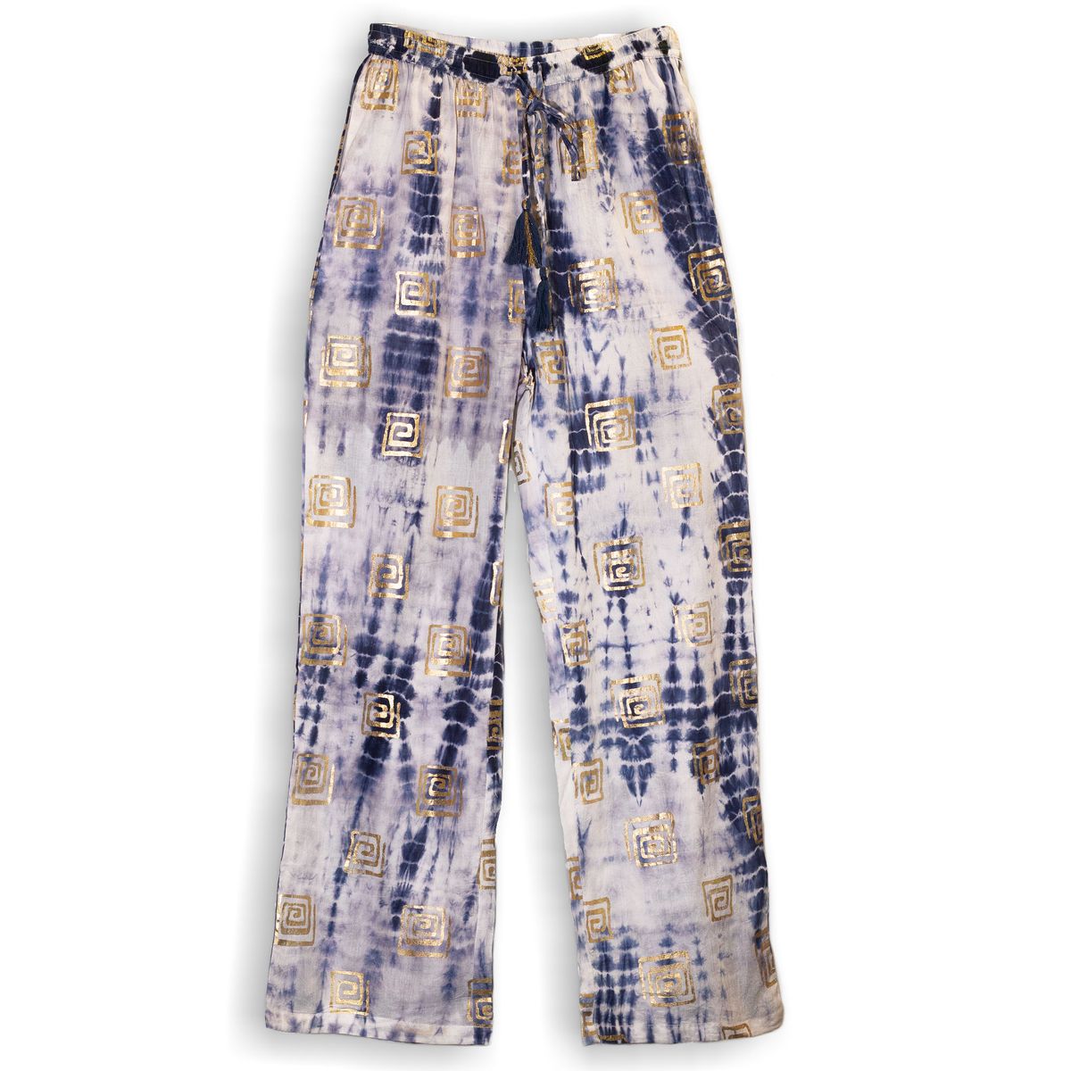 Nomad Sari Lounge Pants (M/L) – Blue Tie-Dye with Gold Greek Motif