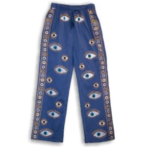 Nomad Sari Lounge Pants (M/L) – Rich Blue with Hand-Painted Gold Evil Eye Design