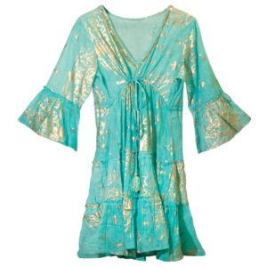 Nomad Sari Turquoise & Gold Coral Print Dress (M/L)
