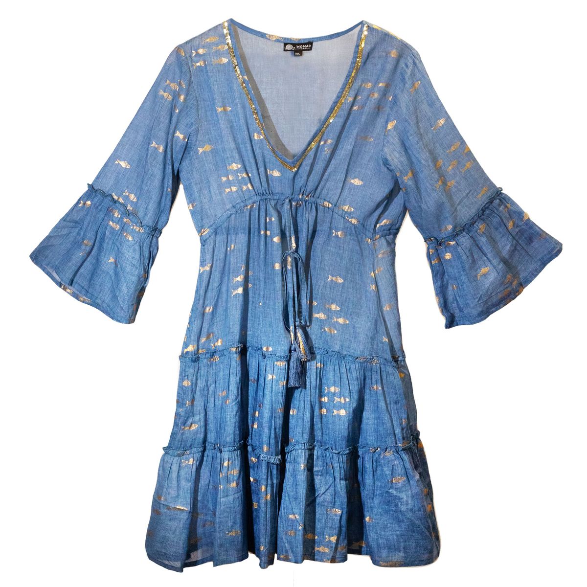 Nomad Sari Sea Blue & Gold Fish Print Dress (L/XL)