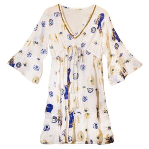 Nomad Sari Evil Eye Dress – White, Blue & Gold – Size L/XL
