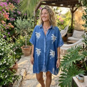 Nomad Sari On the Med Collection - Kaftan - Blue with Gold & White Palm Tree Decor