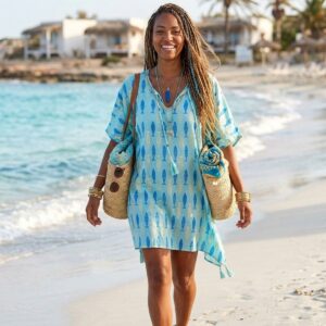 Nomad Sari On the Med Collection - Kaftan - Turquoise & Blue Bold Fish Print