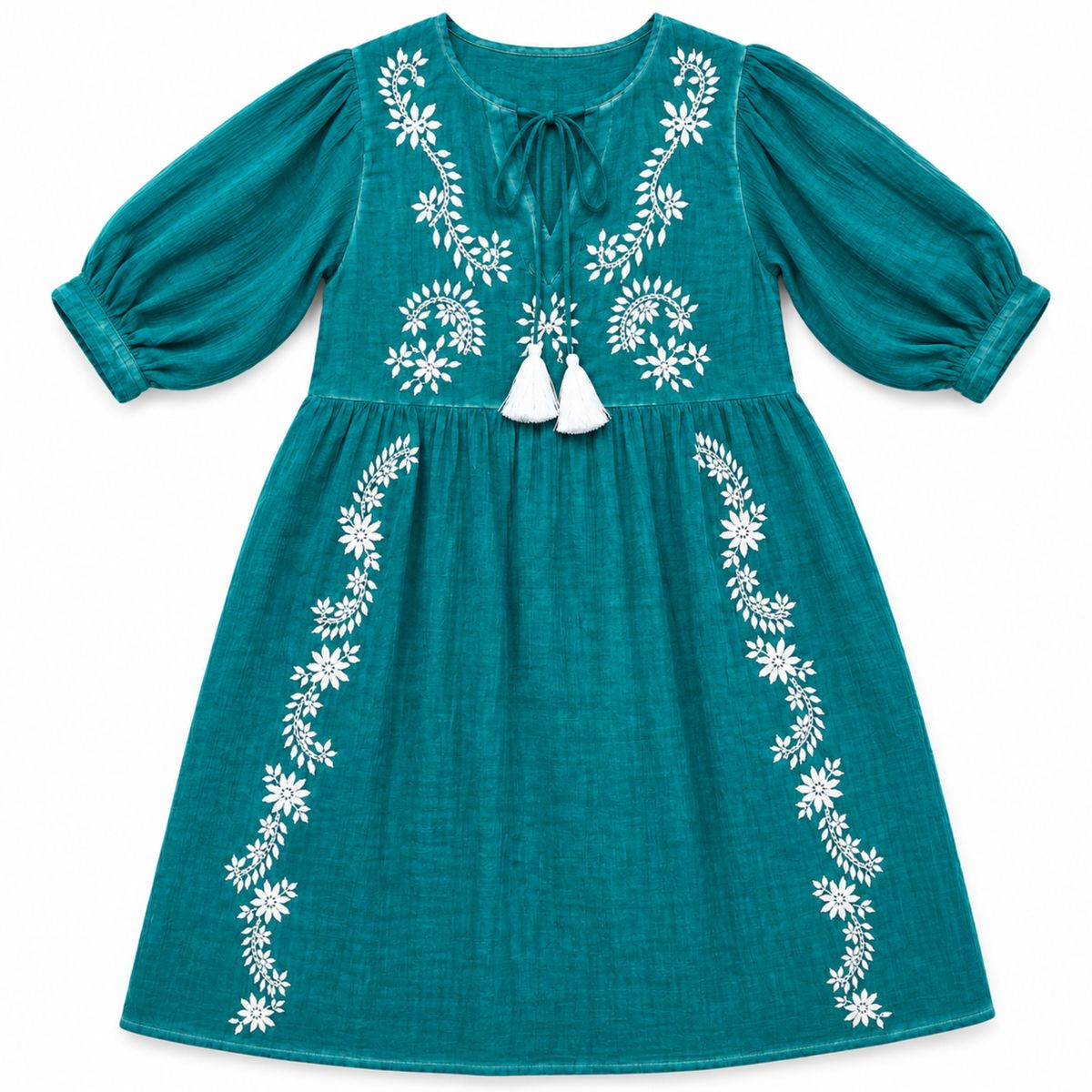 Nomad Sari On the Med Collection - Dress - Turquoise with Embroidery & Tassel (L-XL)