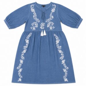 Nomad Sari On the Med Collection - Dress - Dusky Blue with Embroidery & Tassels (L-XL)