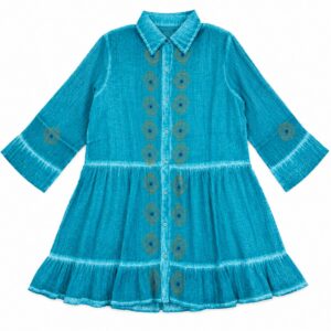 Nomad Sari On the Med Collection - Tunic Dress - Turquoise with Evil Eye Block Print (L-XL)