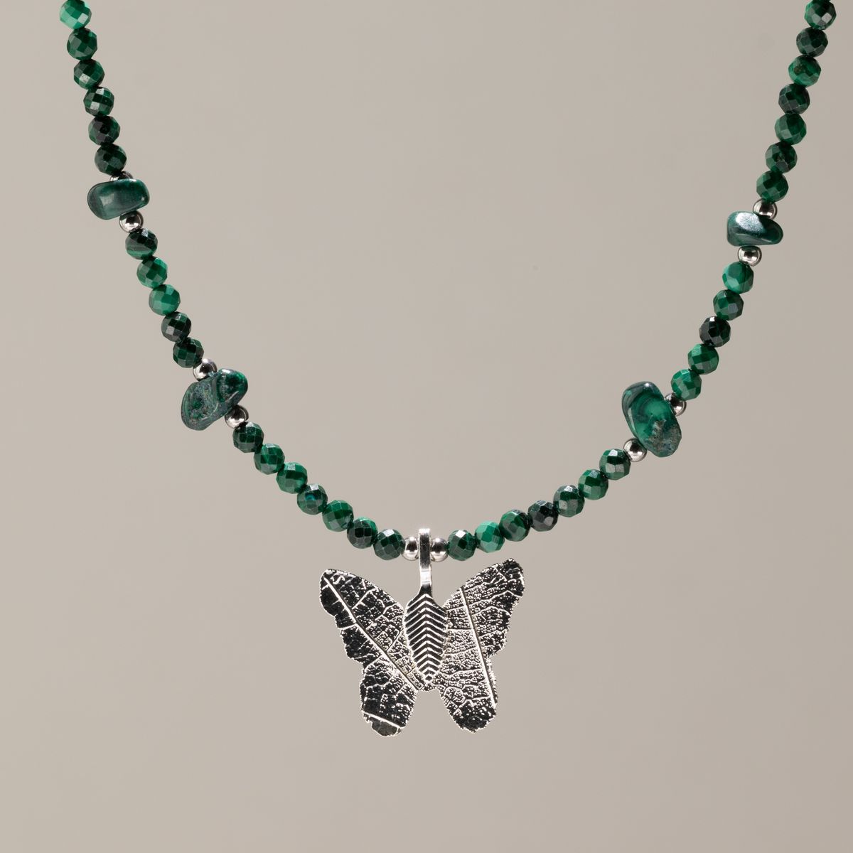 Nymph Malachite Gemstone Necklace with Real Leaf Butterfly Pendant