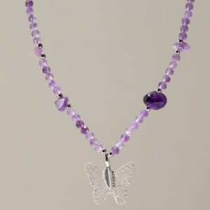 Nymph Amethyst Gemstone Necklace with Real Leaf Butterfly Pendant
