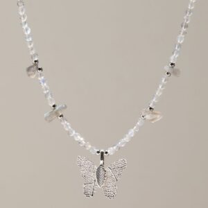 Nymph Labradorite Gemstone Necklace with Real Leaf Butterfly Pendant