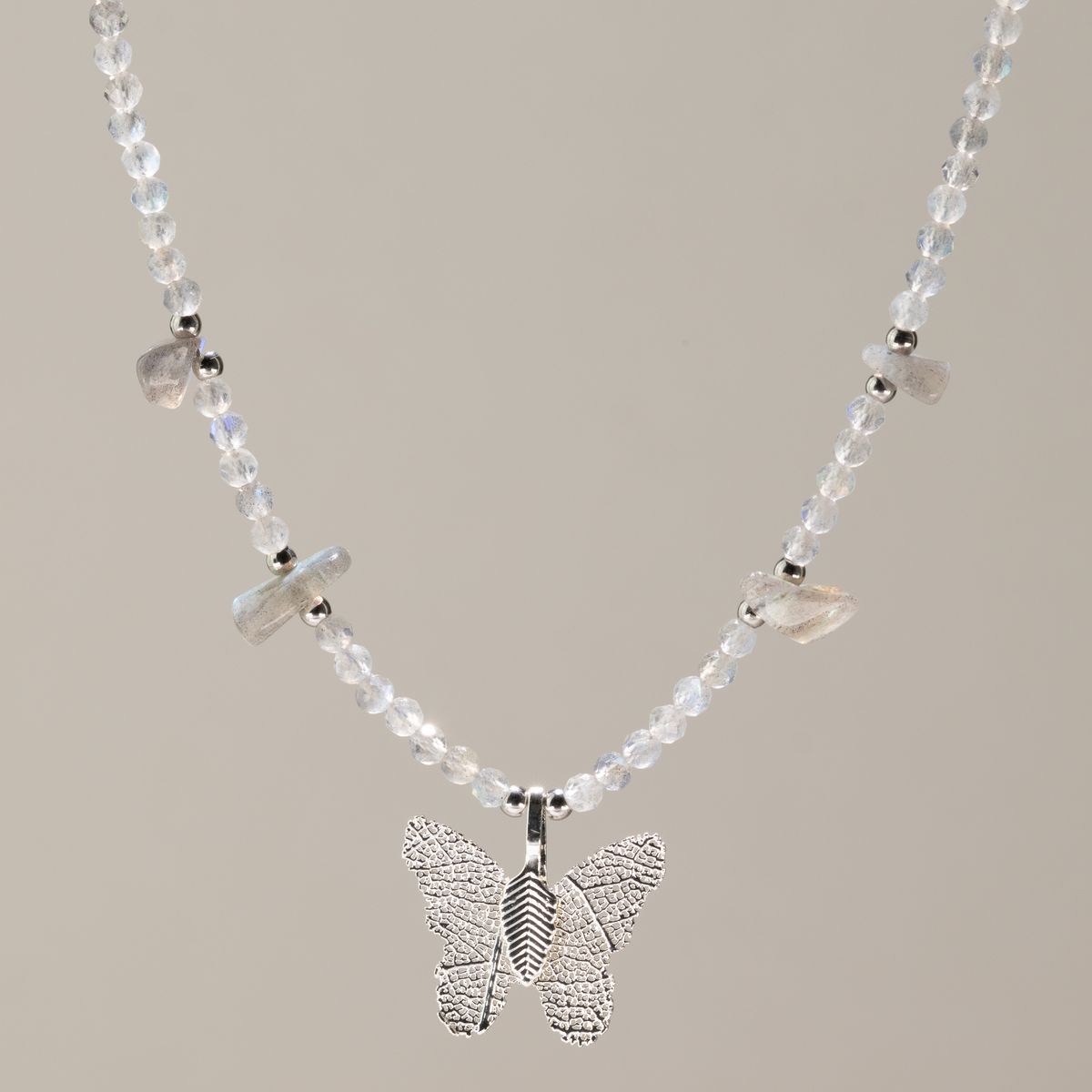 Nymph Labradorite Gemstone Necklace with Real Leaf Butterfly Pendant