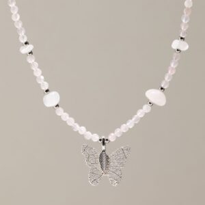 Nymph Rose Quartz Gemstone Necklace with Real Leaf Butterfly Pendant