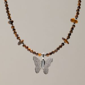 Nymph Tiger's Eye Gemstone Necklace with Real Leaf Butterfly Pendant