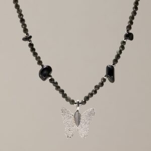 Nymph Black Obsidian Gemstone Necklace with Real Leaf Butterfly Pendant