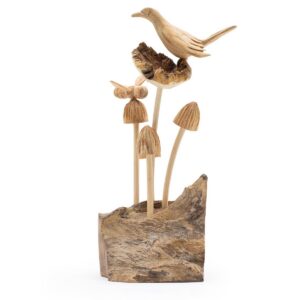 Handmade Parasite Wood Art Carving - Bird & Bee on Mushrooms