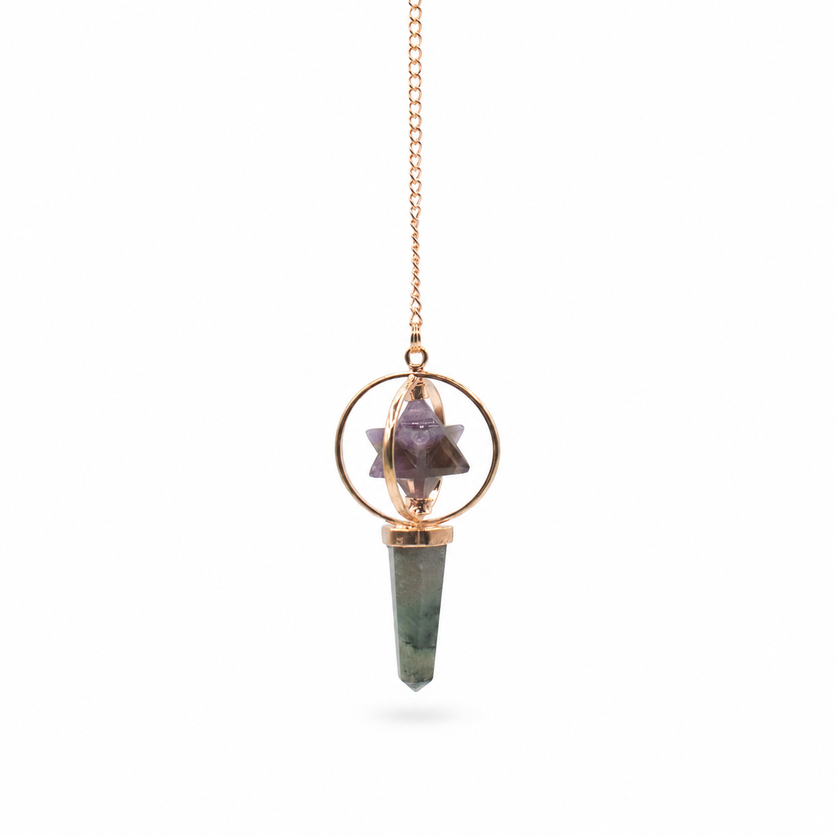 Cosmic Navigator- Two Piece Spinning Merkaba Star in Copper Pendulum - Amethyst & Labradorite