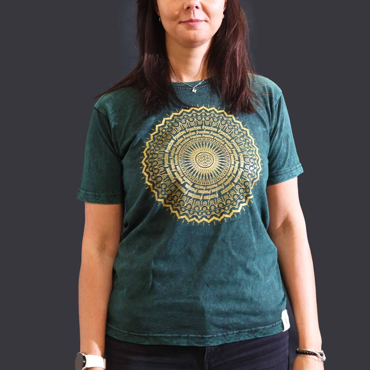 Nomad Sari Stonewashed Cotton T-Shirt - Mandala - Green - Medium