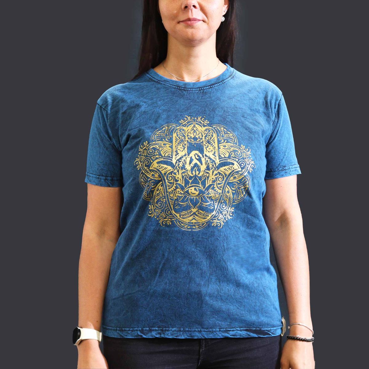 Nomad Sari Stonewashed Cotton T-Shirt – Hamsa – Blue – Medium