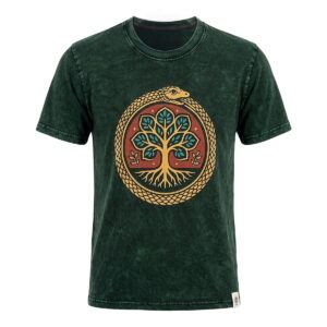 Nomad Sari Stonewashed Cotton T-Shirt - Tree of Life - Green - Medium