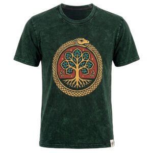 Nomad Sari Stonewashed Cotton T-Shirt - Tree of Life - Green - XL