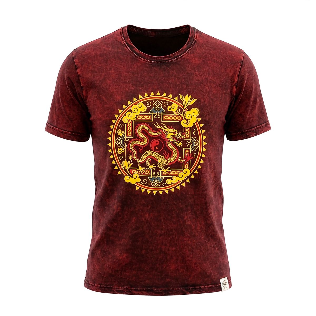 Nomad Sari Stonewashed Cotton T-Shirt - Dragon Mandala - Maroon - Small