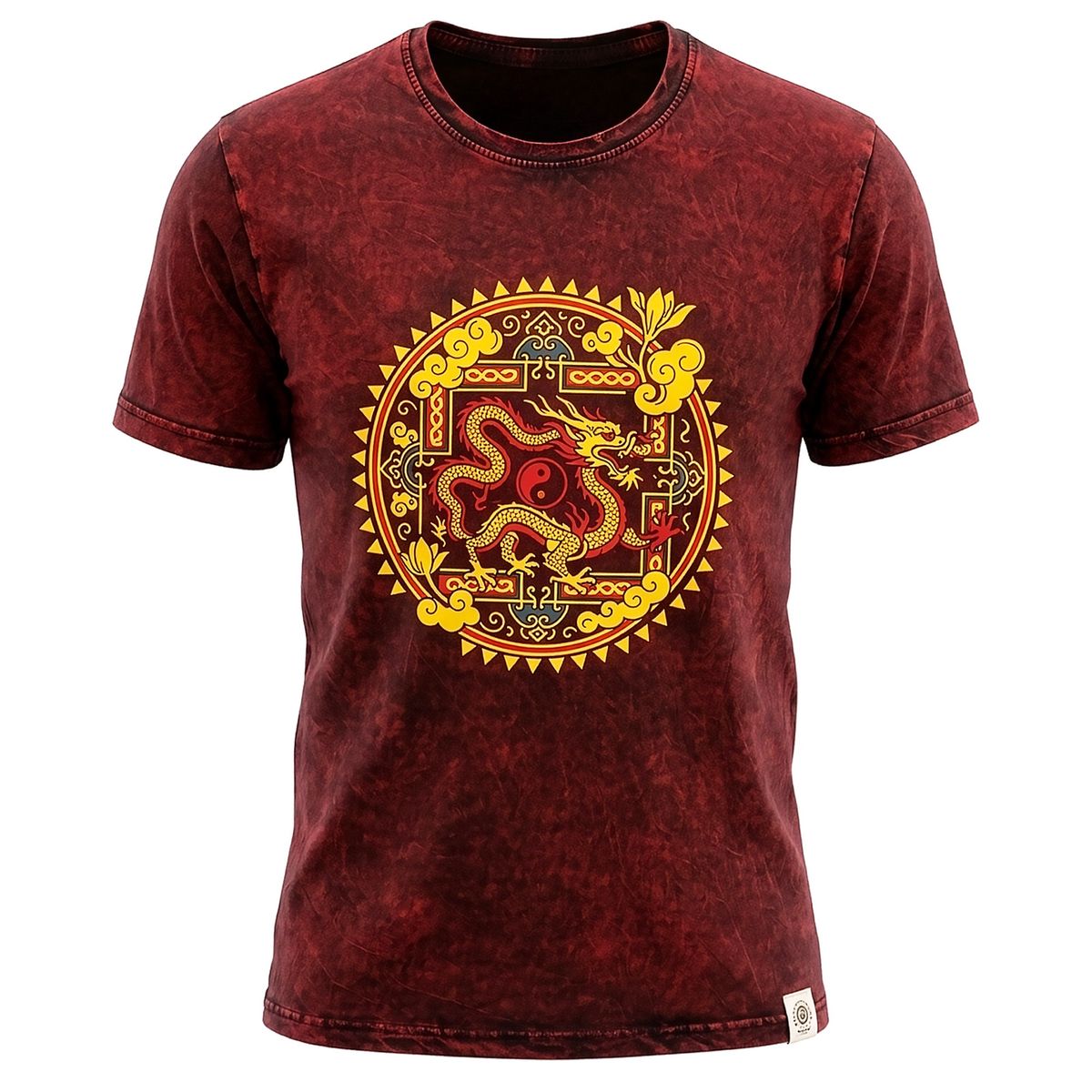 Nomad Sari Stonewashed Cotton T-Shirt - Dragon Mandala - Maroon - XL